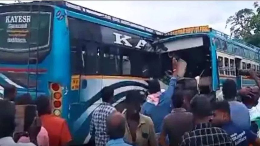 ತಮಿಳುನಾಡಿನಲ್ಲಿ 2 ಬಸ್ಸುಗಳು ಮುಖಾಮುಖಿ ಡಿಕ್ಕಿ; 6 ಸಾವು, 28 ಮಂದಿಗೆ ಗಾಯ ತಮಿಳುನಾಡಿನಲ್ಲಿ 2 ಬಸ್ಸುಗಳು ಮುಖಾಮುಖಿ ಡಿಕ್ಕಿ; 6 ಸಾವು, 28 ಮಂದಿಗೆ ಗಾಯ